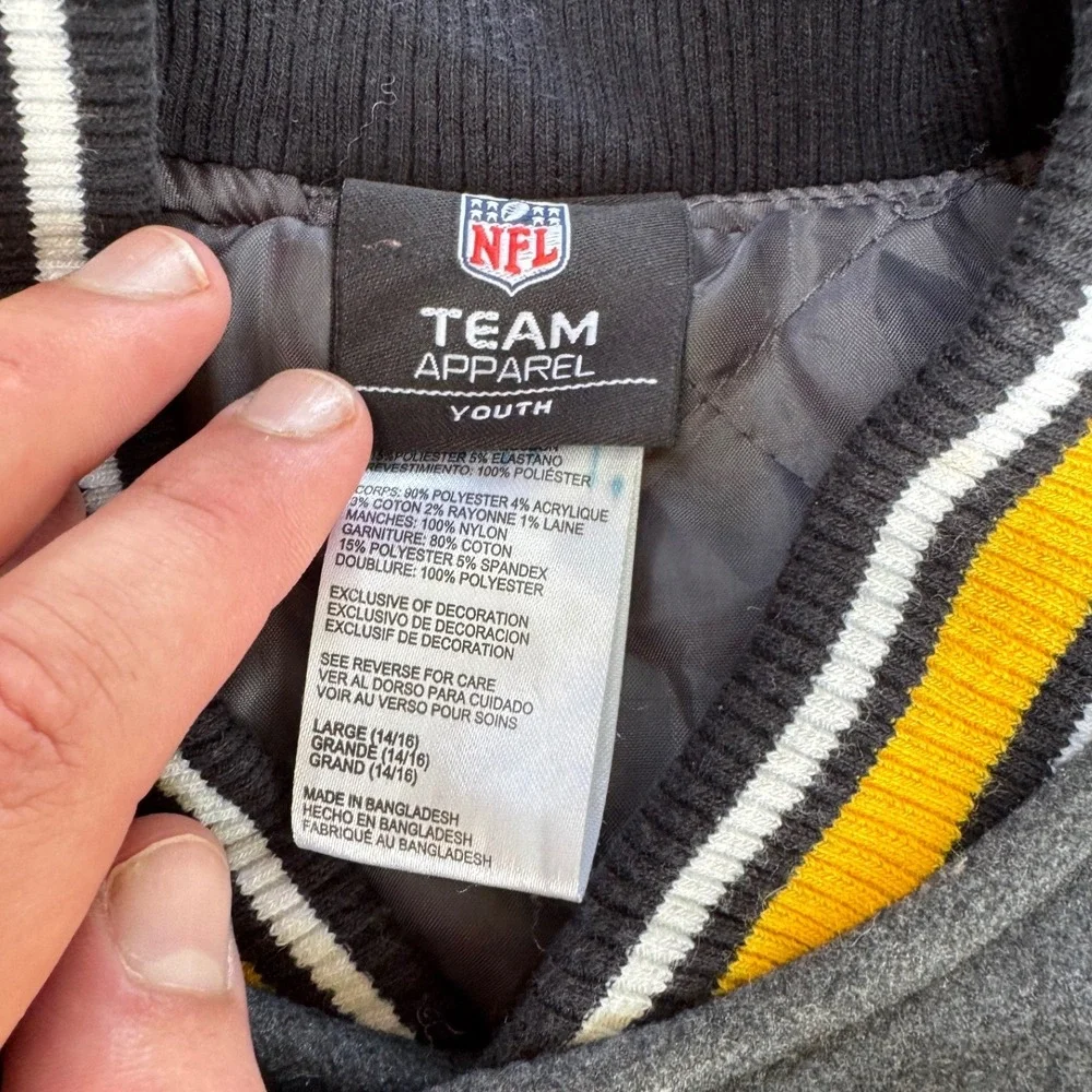 NFL Team Apparel Pittsburgh Steelers Varsity Jacket Kids Large 14/16 Grey Black